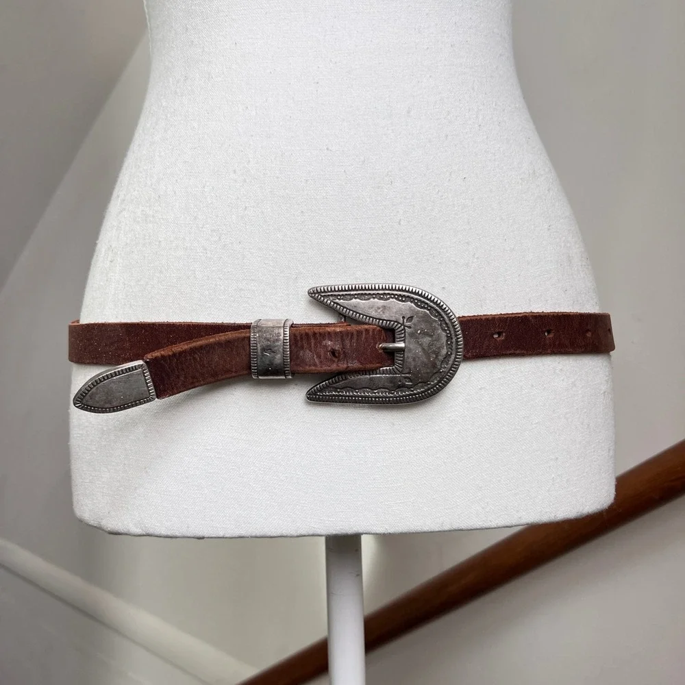 Vintage Banana Republic Safari Brown Leather Belt‎ Western Buckle Size 28